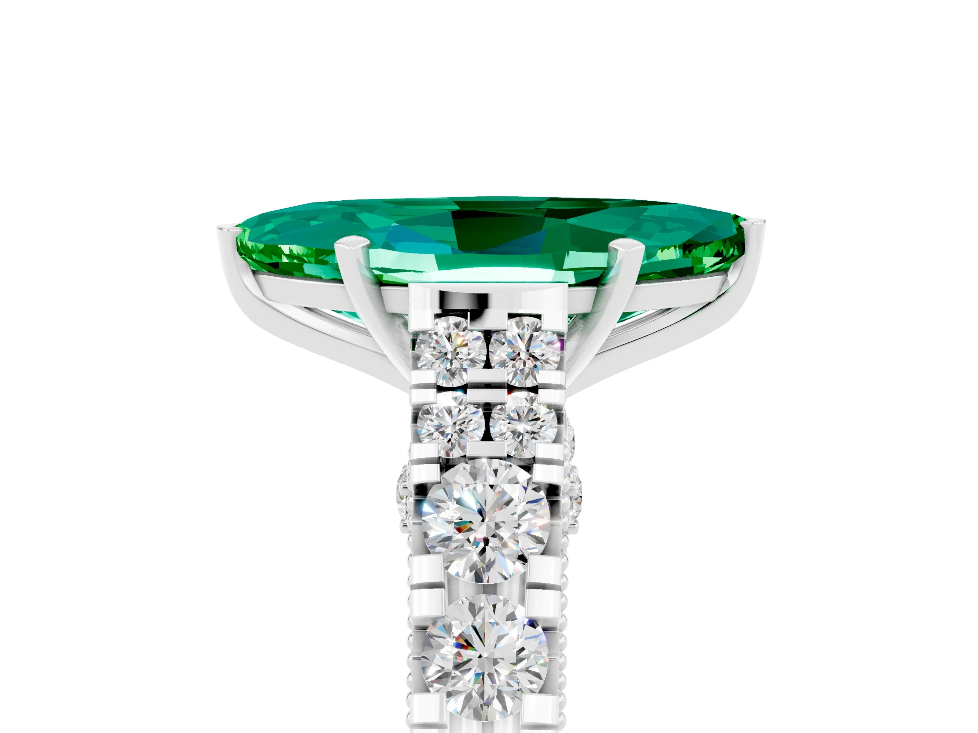 White gold Marquise Cut Emerald Classic Solitaire Ring with Pavé Band and Four-Prong Setting_5