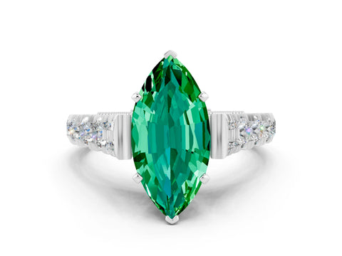 White gold Marquise Cut Emerald Classic Solitaire Ring with Pavé Band and Four-Prong Setting