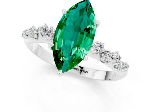 White gold Marquise Cut Emerald Cluster Side Stone Solitaire Ring with Prong Setting_25