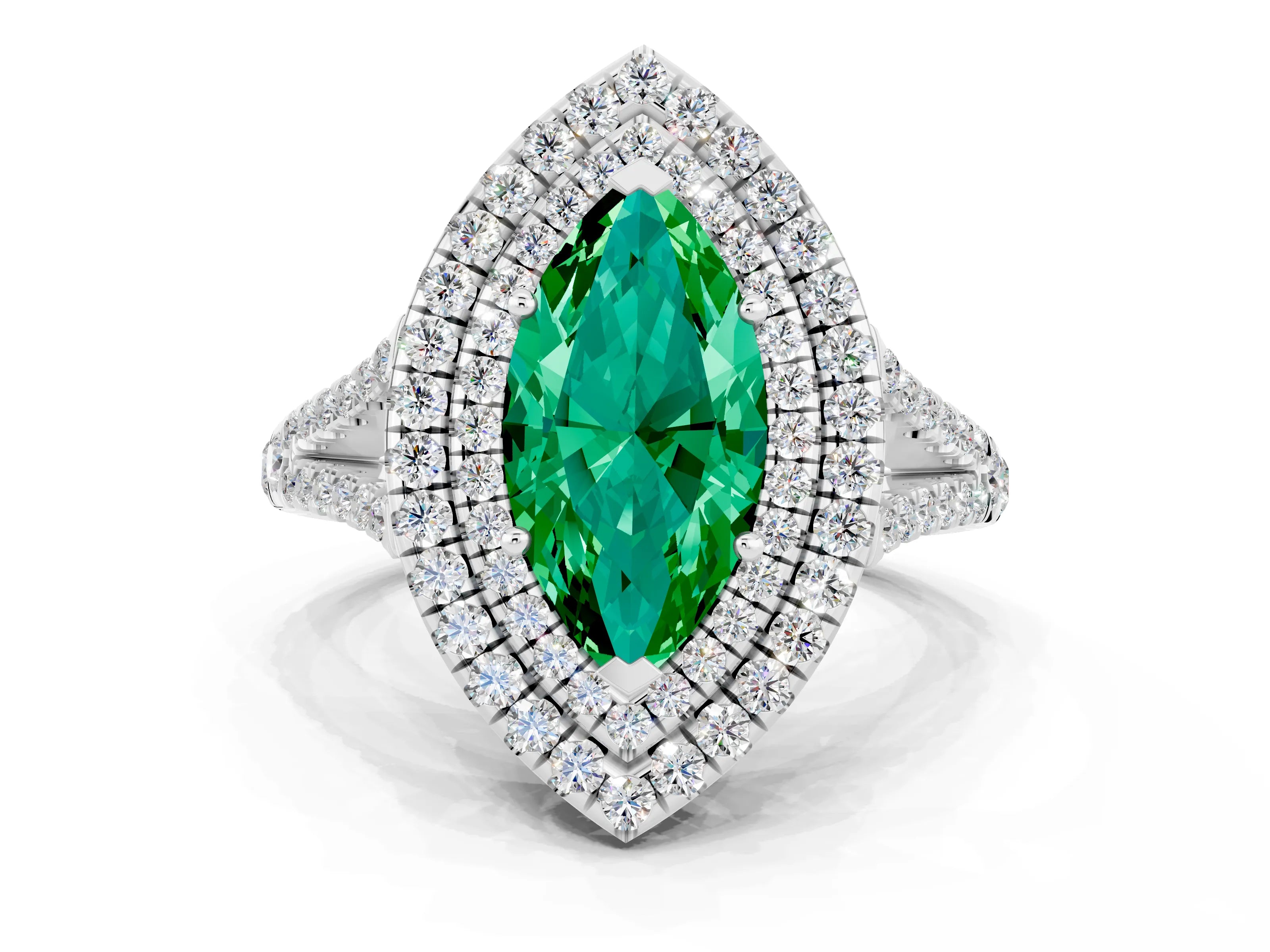 White gold Marquise Cut Emerald Double Halo Ring with Pavé Band and Prong Setting_12