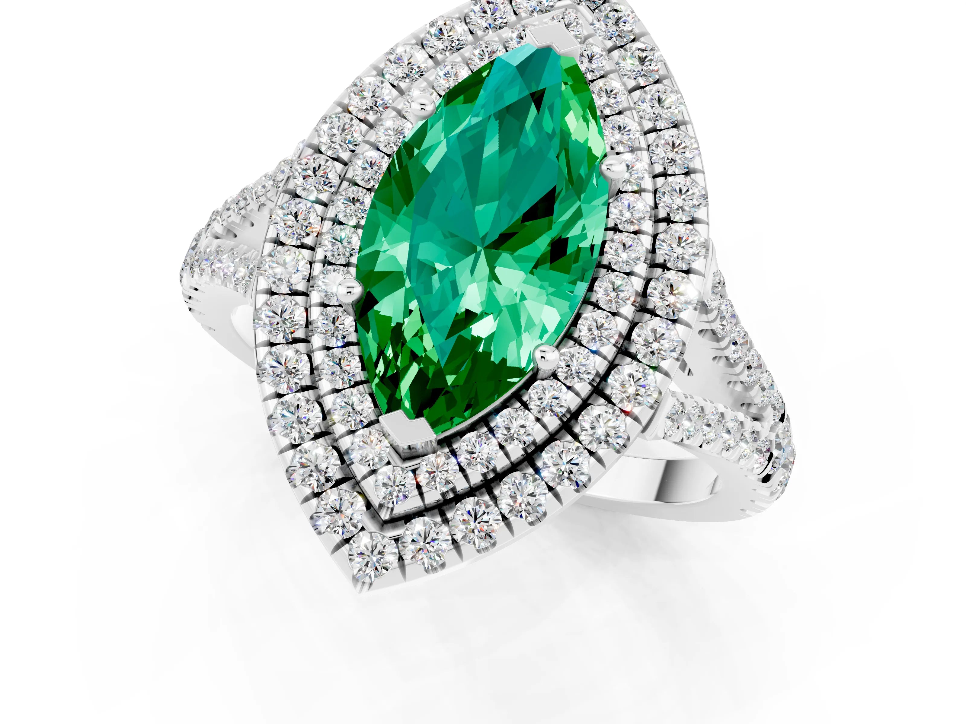 White gold Marquise Cut Emerald Double Halo Ring with Pavé Band and Prong Setting_13