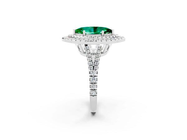 Platinum Marquise Cut Emerald Double Halo Ring with Pavé Band and Prong Setting