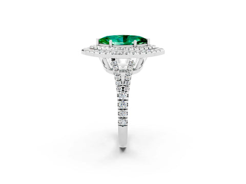 White gold Marquise Cut Emerald Double Halo Ring with Pavé Band and Prong Setting_14