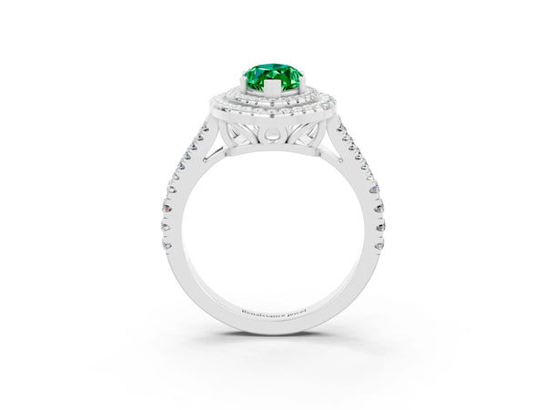 Platinum Marquise Cut Emerald Double Halo Ring with Pavé Band and Prong Setting