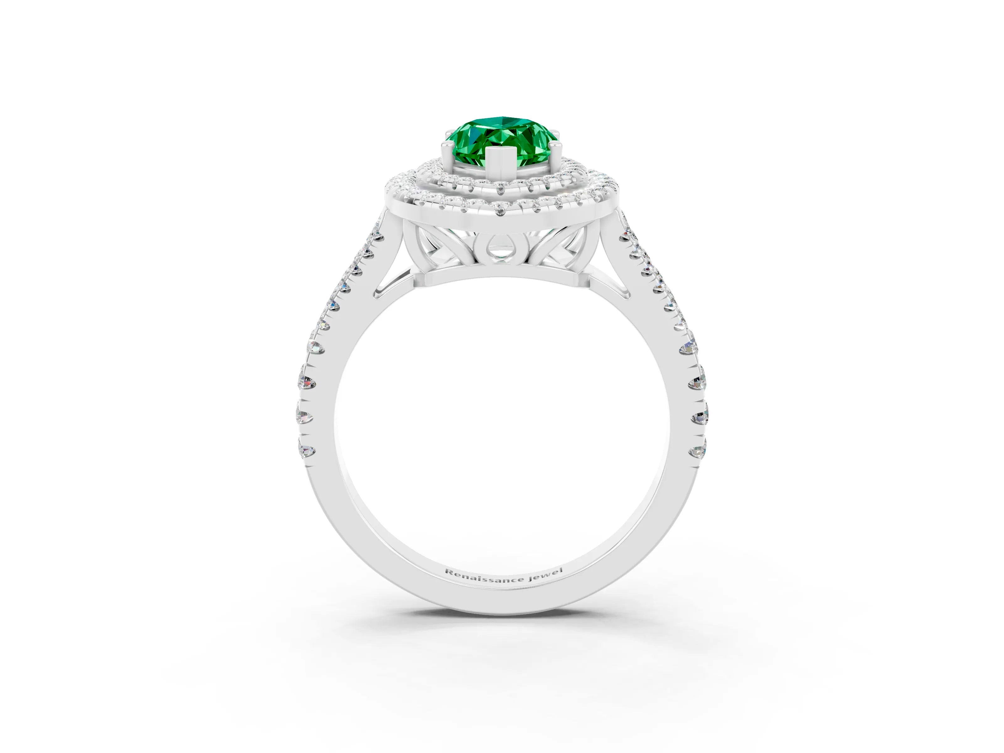 White gold Marquise Cut Emerald Double Halo Ring with Pavé Band and Prong Setting_15