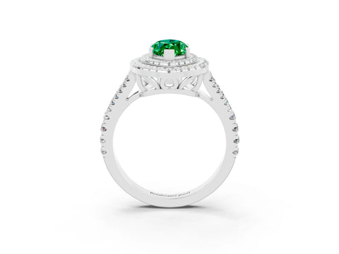 White gold Marquise Cut Emerald Double Halo Ring with Pavé Band and Prong Setting_15