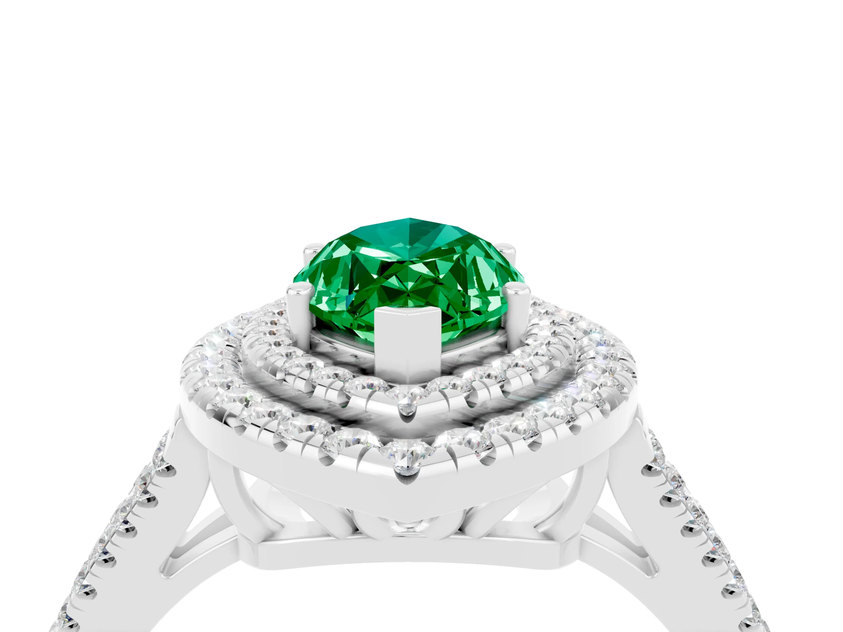 White gold Marquise Cut Emerald Double Halo Ring with Pavé Band and Prong Setting_16