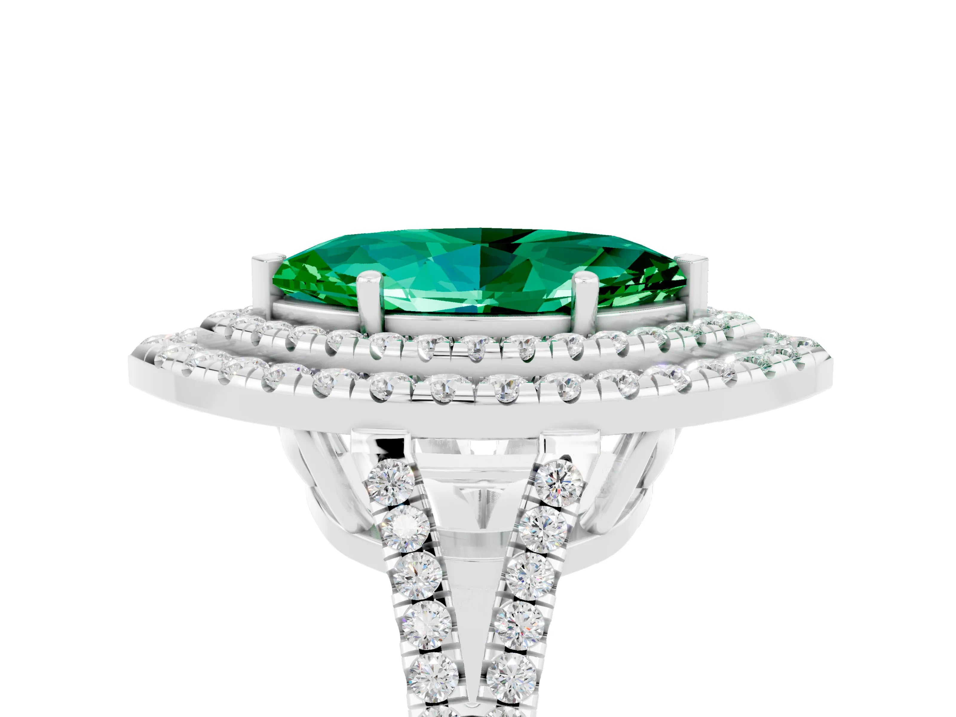 White gold Marquise Cut Emerald Double Halo Ring with Pavé Band and Prong Setting_17