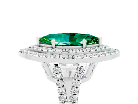 White gold Marquise Cut Emerald Double Halo Ring with Pavé Band and Prong Setting_17