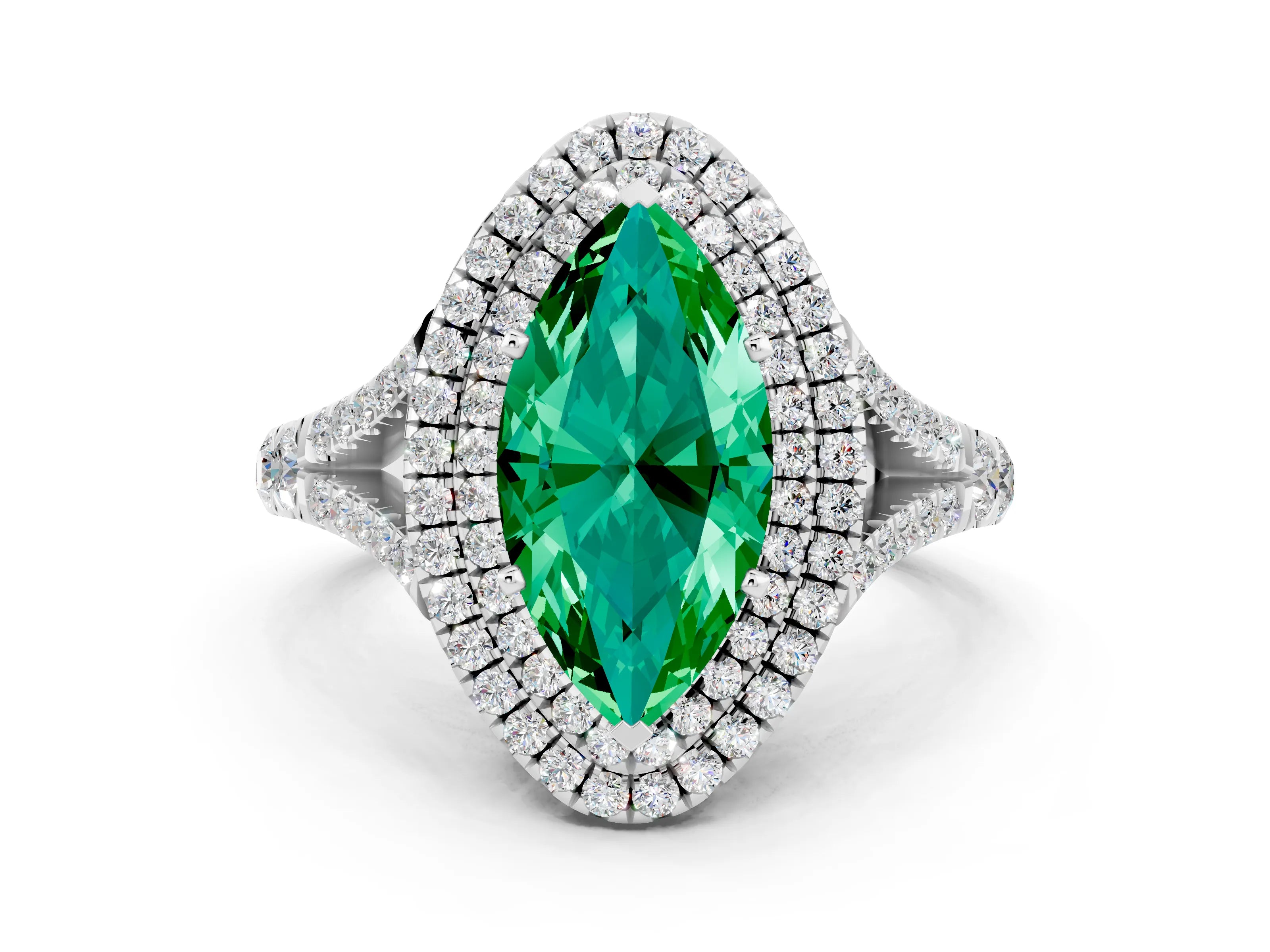 White gold Marquise Cut Emerald Double Halo Ring with Split Shank and Prong Setting_36