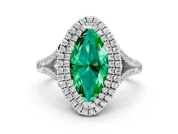 Silver Marquise Cut Emerald Double Halo Ring with Split Shank and Prong Setting