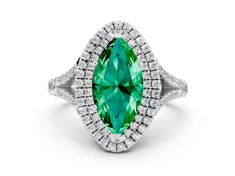White gold Marquise Cut Emerald Double Halo Ring with Split Shank and Prong Setting_36