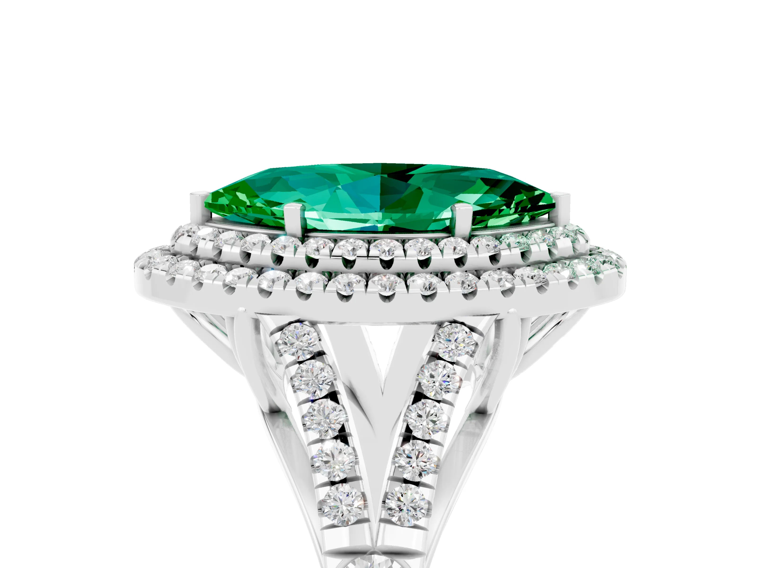 White gold Marquise Cut Emerald Double Halo Ring with Split Shank and Prong Setting_41