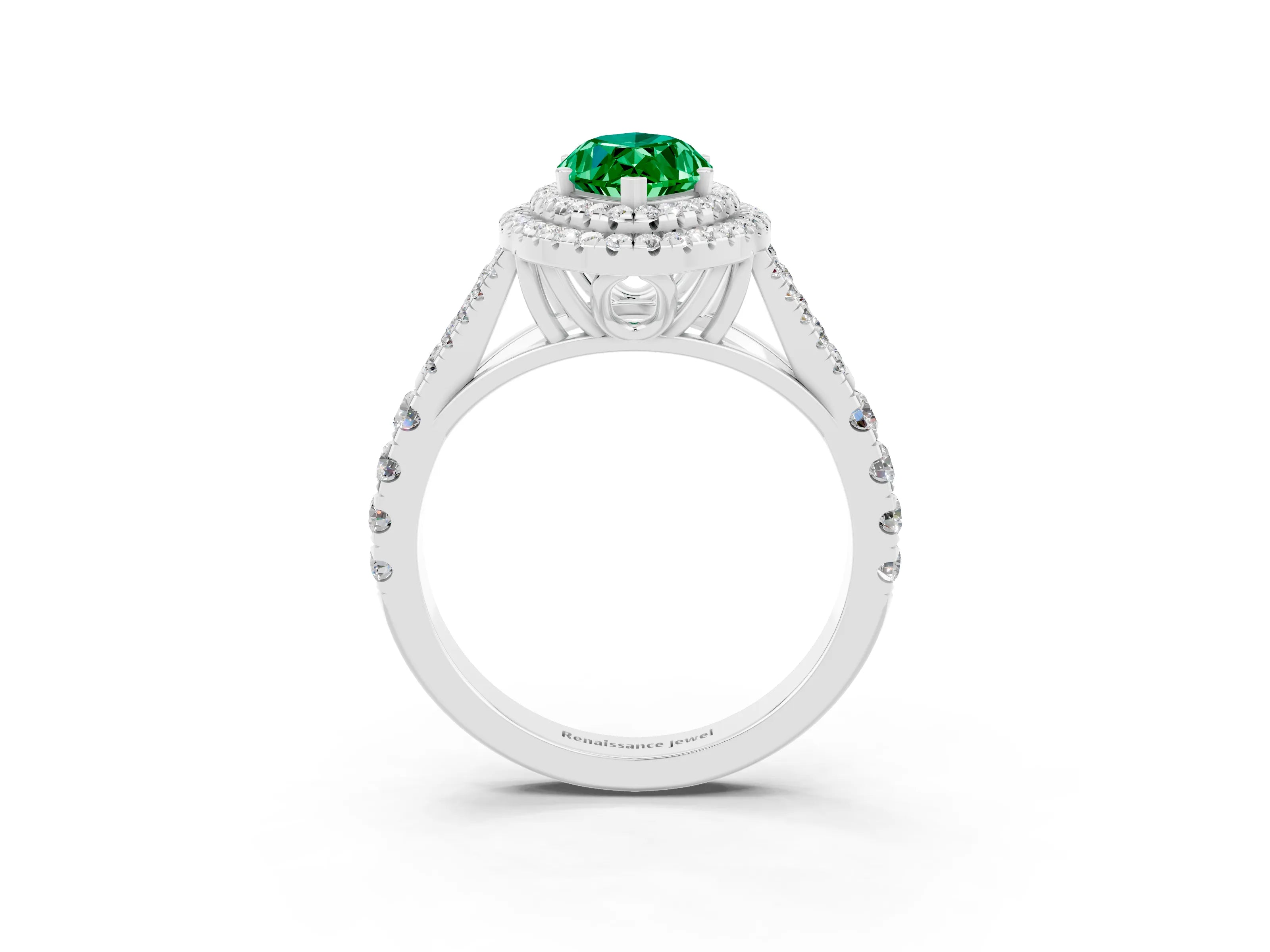 White gold Marquise Cut Emerald Double Halo Ring with Split Shank and Prong Setting_49