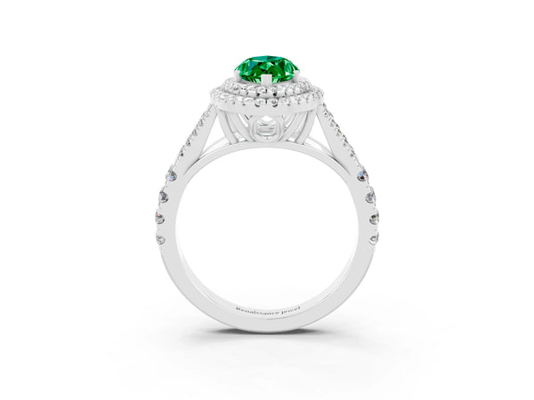 White gold Marquise Cut Emerald Double Halo Ring with Split Shank and Prong Setting