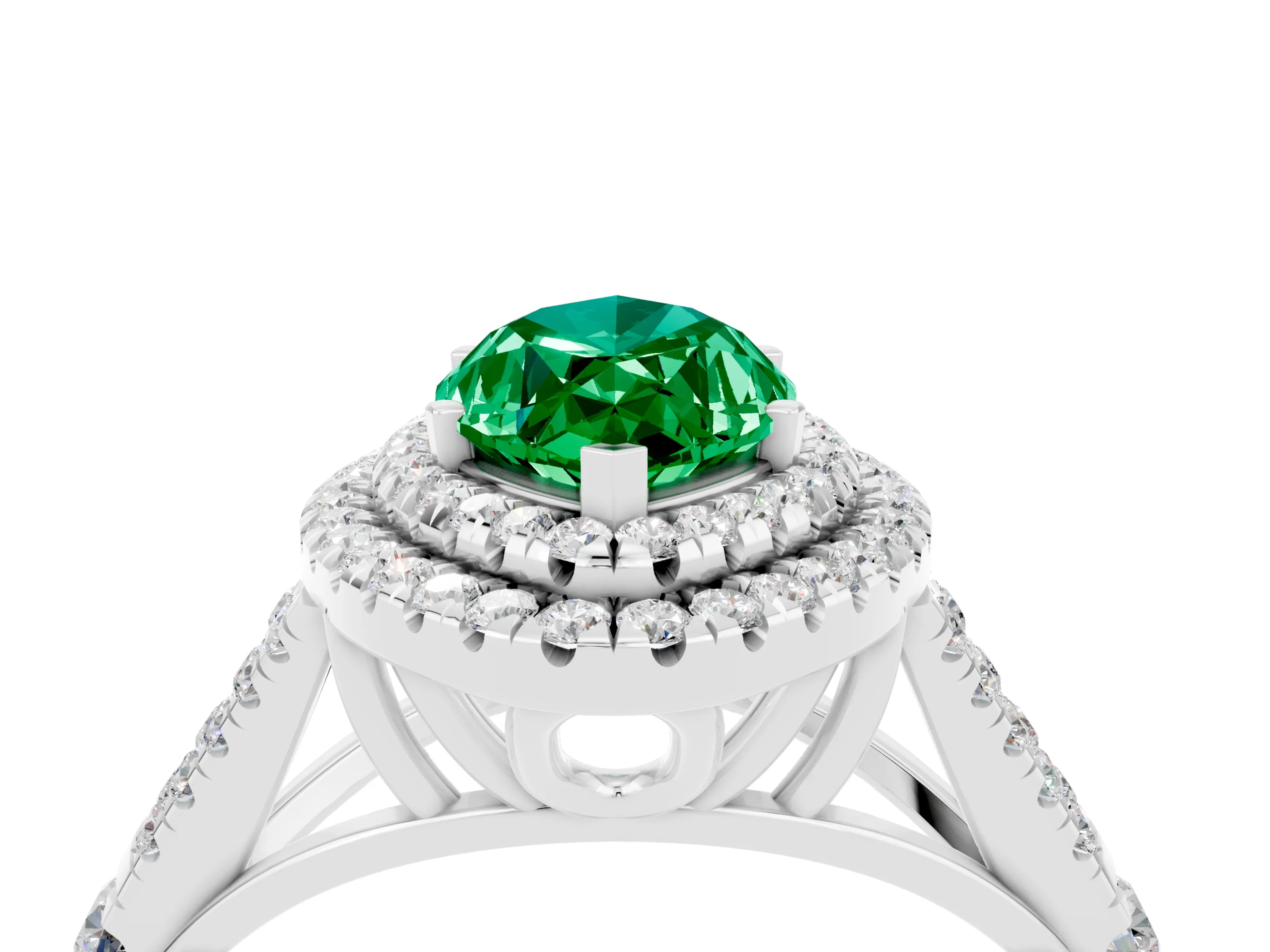 White gold Marquise Cut Emerald Double Halo Ring with Split Shank and Prong Setting_50