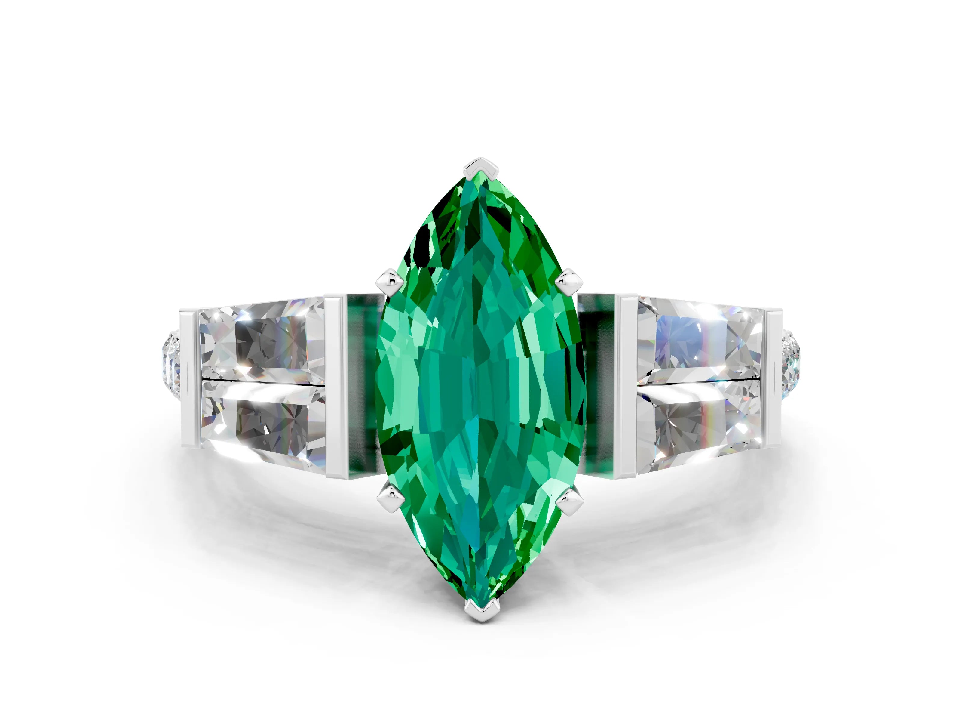 White gold Marquise Cut Emerald Engagement Ring with Baguette Side Stones and Channel Set Band