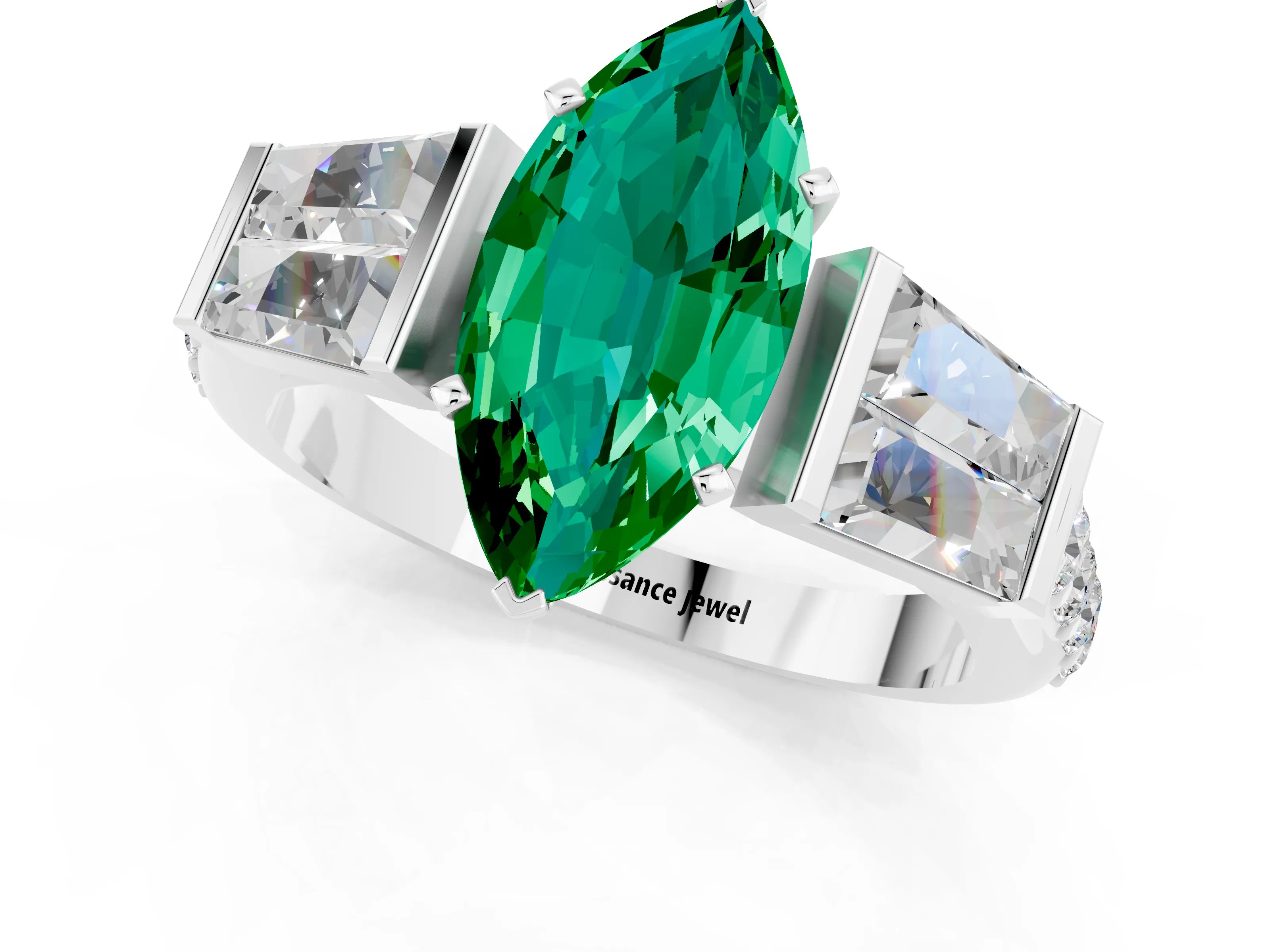 White gold Marquise Cut Emerald Engagement Ring with Baguette Side Stones and Channel Set Band_1