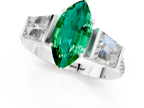 White gold Marquise Cut Emerald Engagement Ring with Baguette Side Stones and Channel Set Band_1