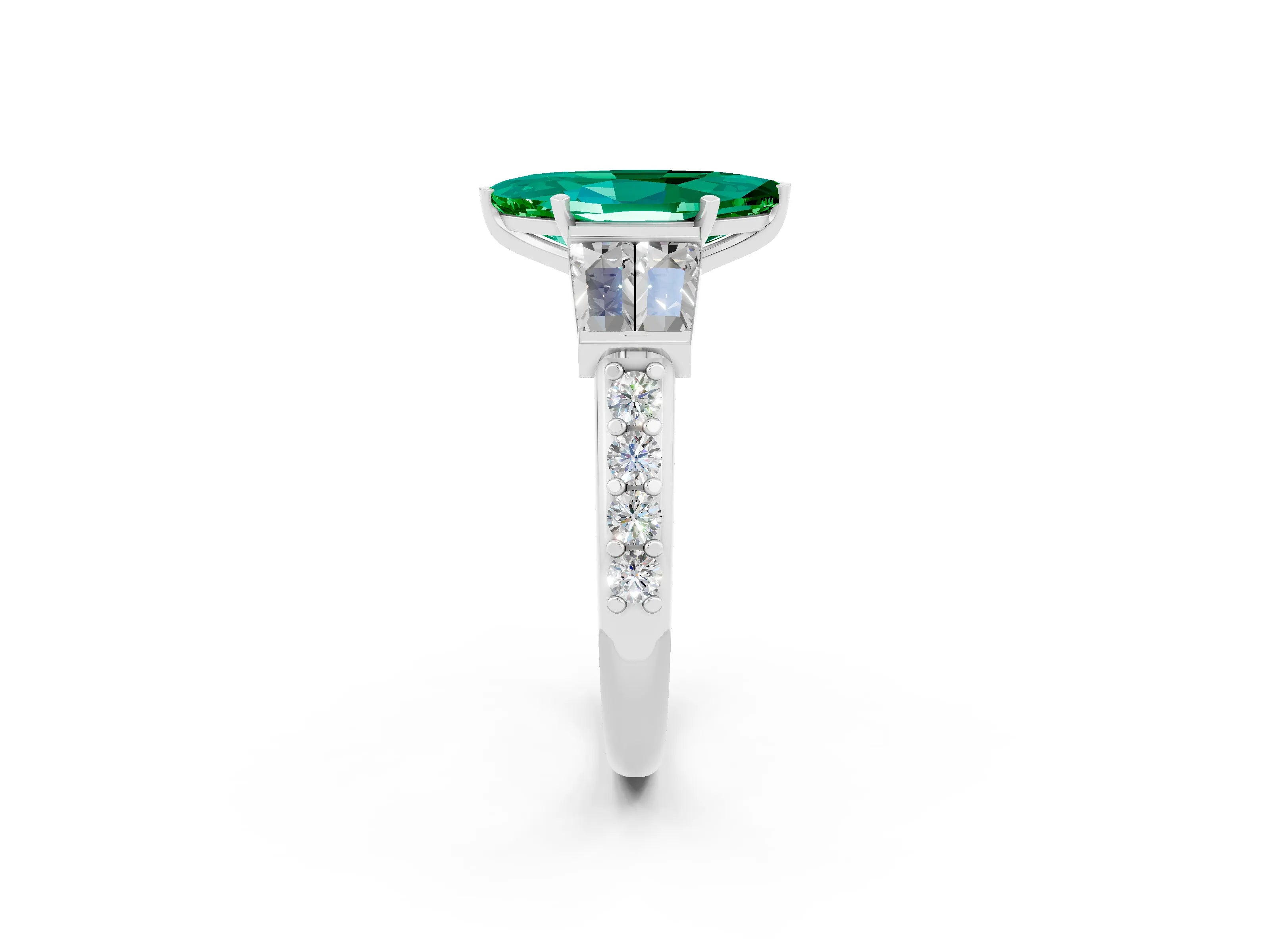 White gold Marquise Cut Emerald Engagement Ring with Baguette Side Stones and Channel Set Band_2