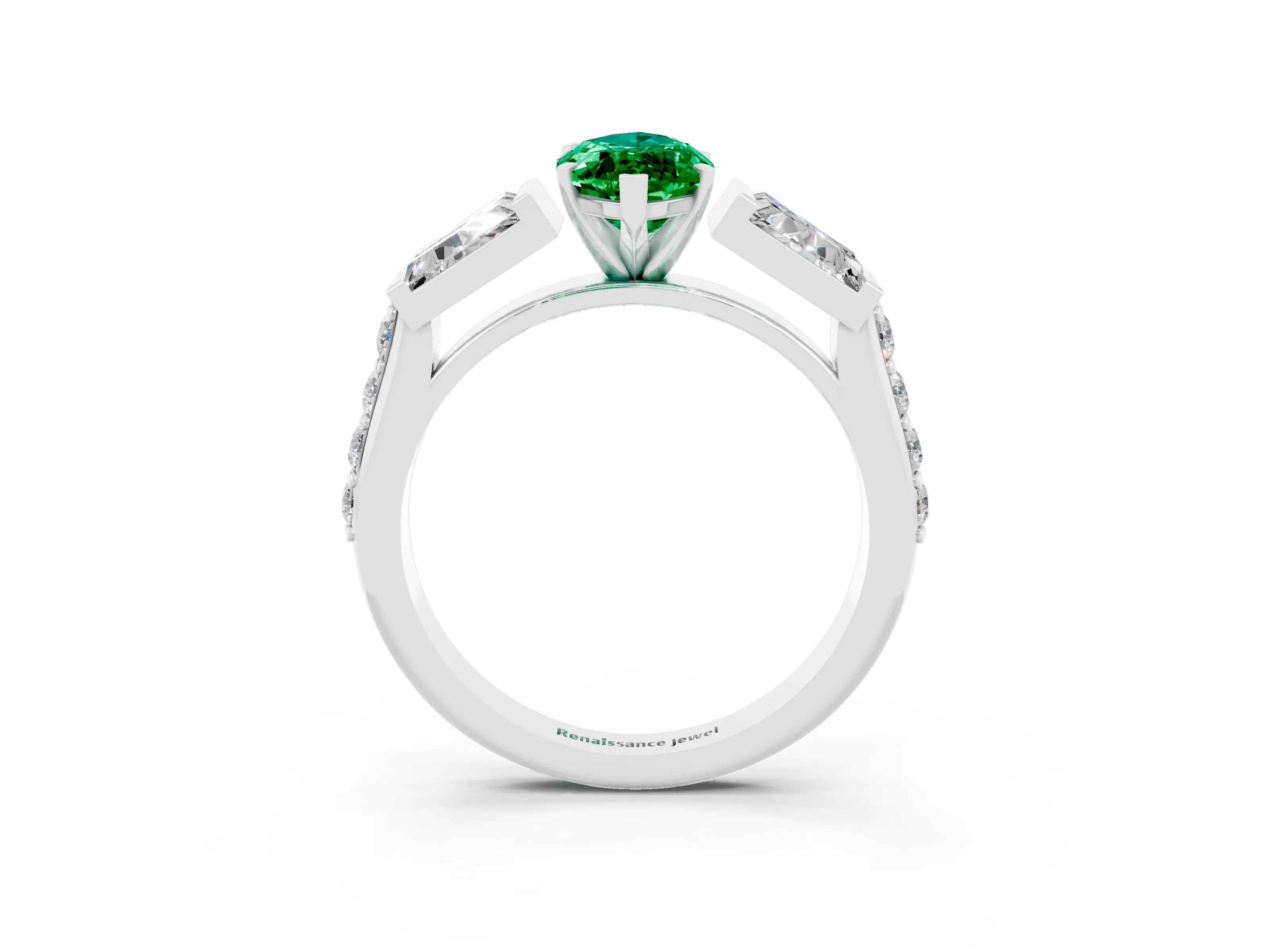 White gold Marquise Cut Emerald Engagement Ring with Baguette Side Stones and Channel Set Band_3