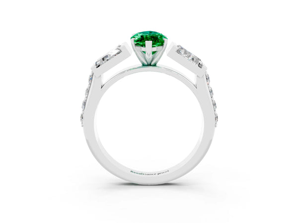 Silver Marquise Cut Emerald Engagement Ring with Baguette Side Stones and Channel Set Band
