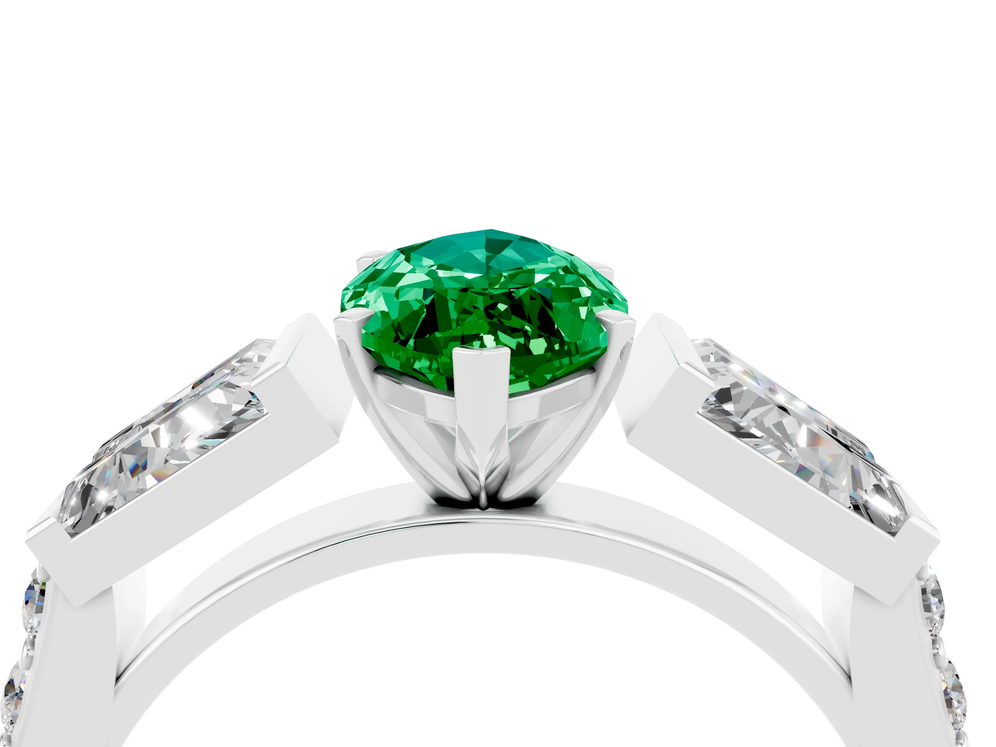 White gold Marquise Cut Emerald Engagement Ring with Baguette Side Stones and Channel Set Band_4