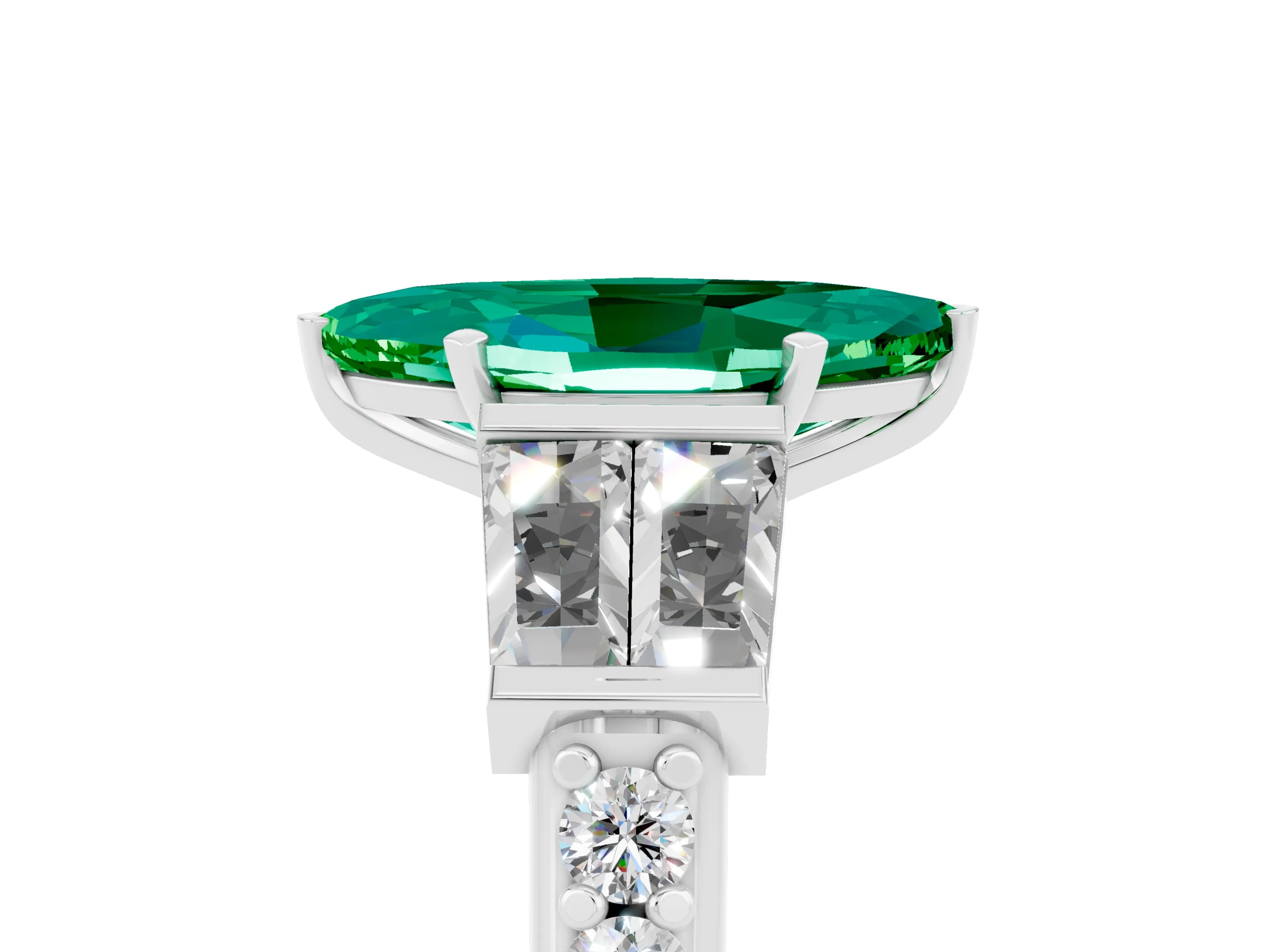 White gold Marquise Cut Emerald Engagement Ring with Baguette Side Stones and Channel Set Band_5