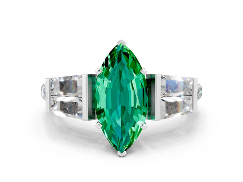 White gold Marquise Cut Emerald Engagement Ring with Baguette Side Stones and Channel Set Band