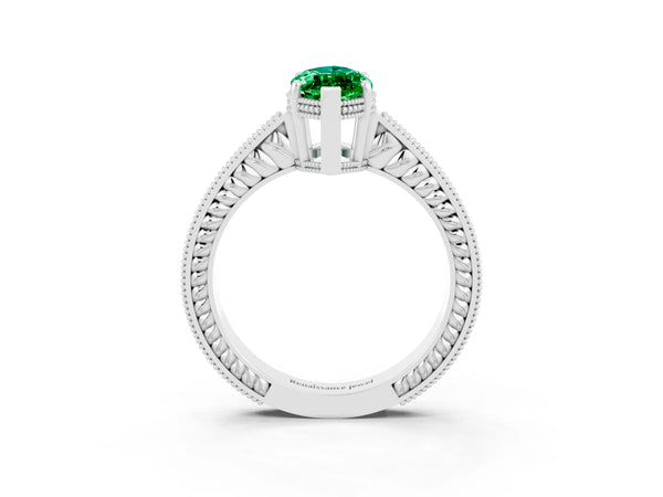 Silver Marquise Cut Emerald Engagement Ring with Milgrain Channel Set Band and Prong Setting