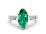 White gold Marquise Cut Emerald Engagement Ring with Milgrain Channel Set Band and Prong Setting
