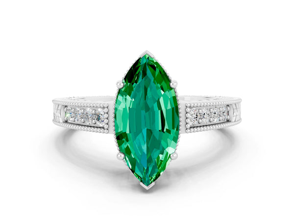 White gold Marquise Cut Emerald Engagement Ring with Milgrain Channel Set Band and Prong Setting
