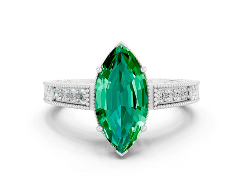White gold Marquise Cut Emerald Engagement Ring with Milgrain Channel Set Band and Prong Setting