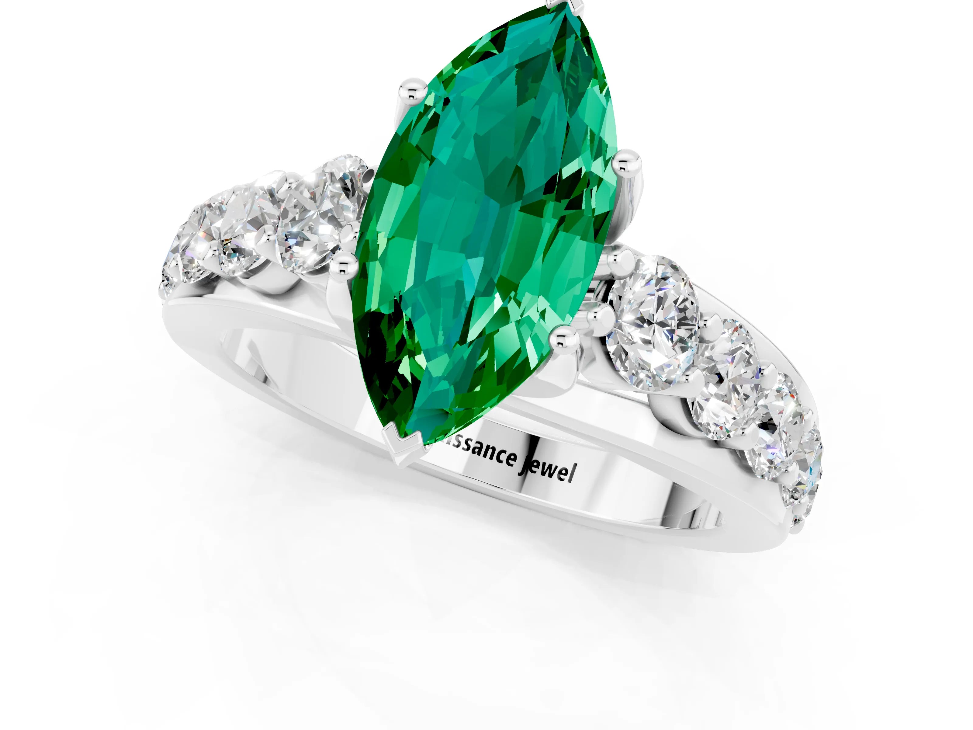White gold Marquise Cut Emerald Engagement Ring with Pavé Band and Four-Prong Setting_1