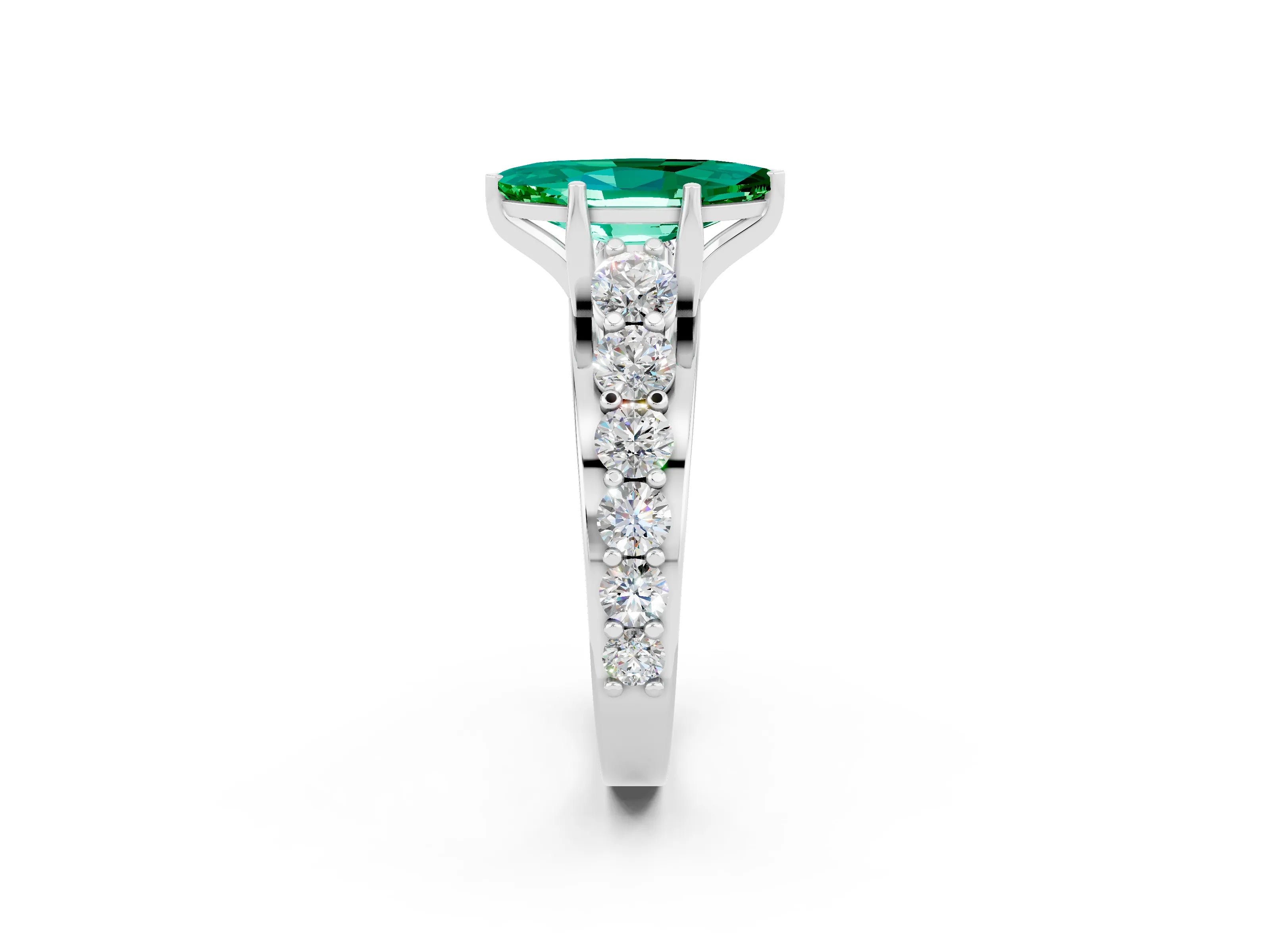 White gold Marquise Cut Emerald Engagement Ring with Pavé Band and Four-Prong Setting_2
