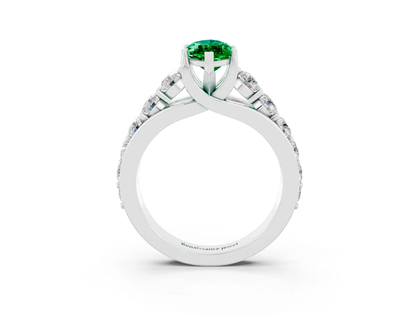 Platinum Marquise Cut Emerald Engagement Ring with Pavé Band and Four-Prong Setting