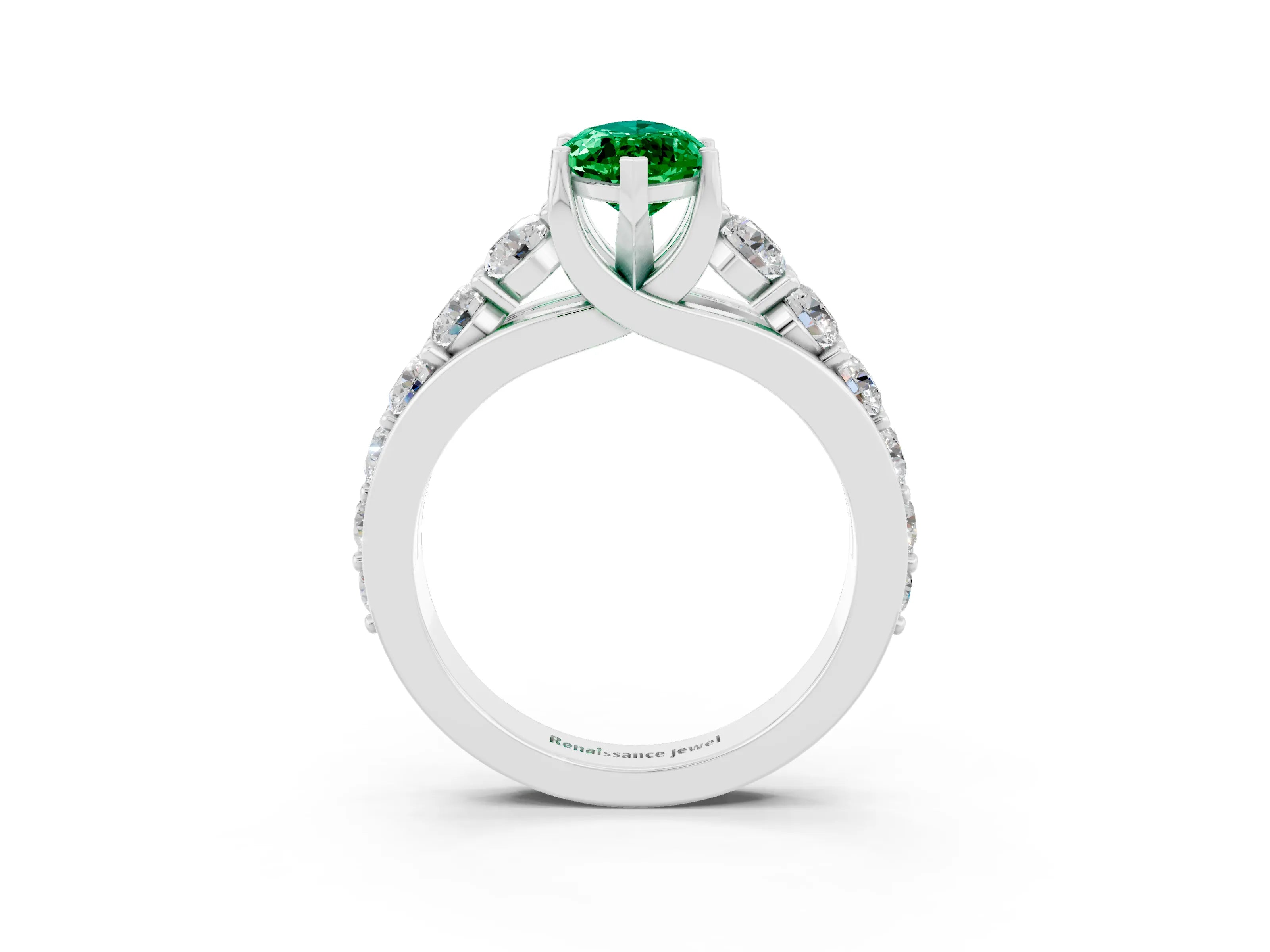 White gold Marquise Cut Emerald Engagement Ring with Pavé Band and Four-Prong Setting_3