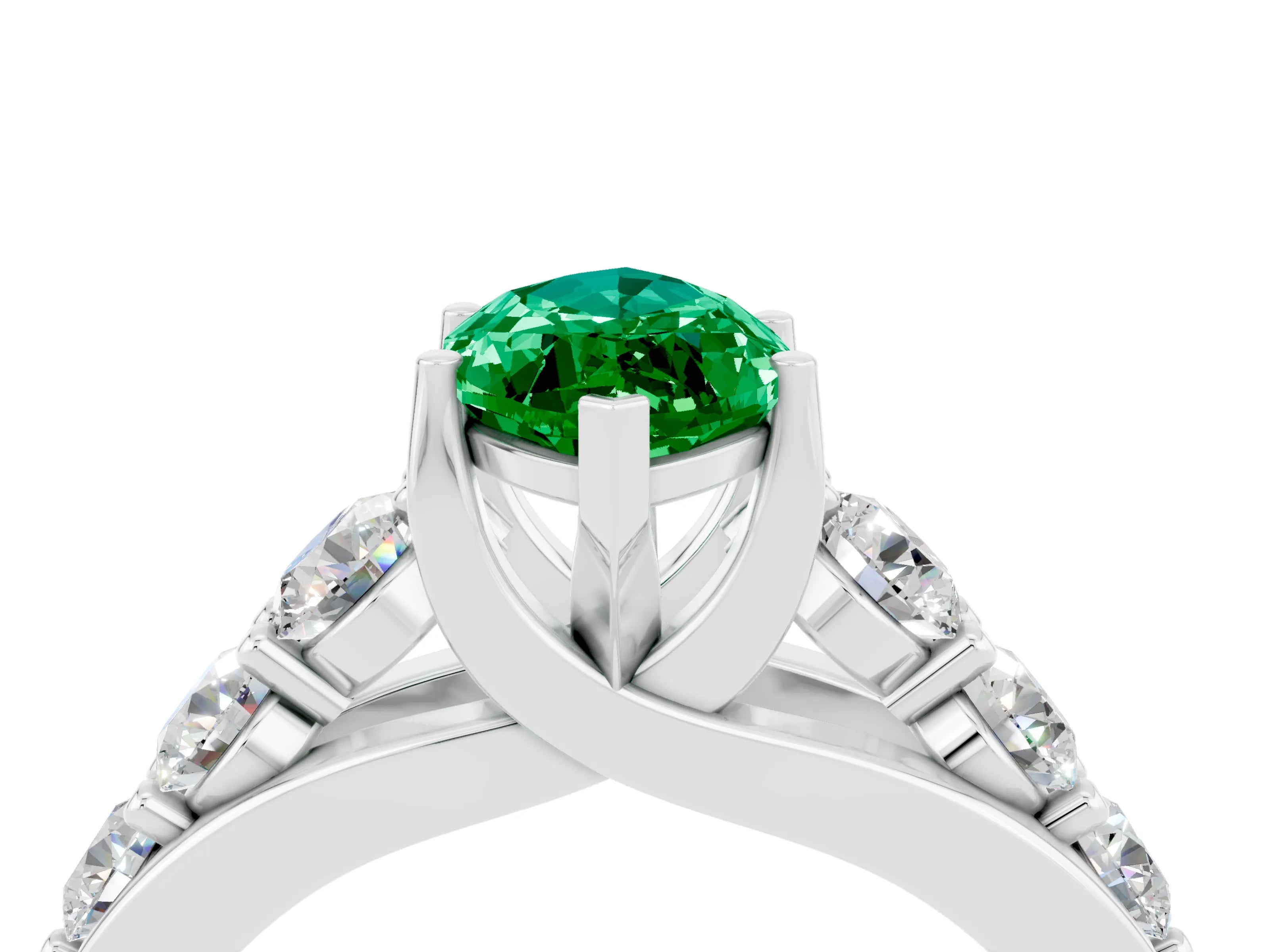 White gold Marquise Cut Emerald Engagement Ring with Pavé Band and Four-Prong Setting_4