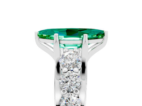 White gold Marquise Cut Emerald Engagement Ring with Pavé Band and Four-Prong Setting_5