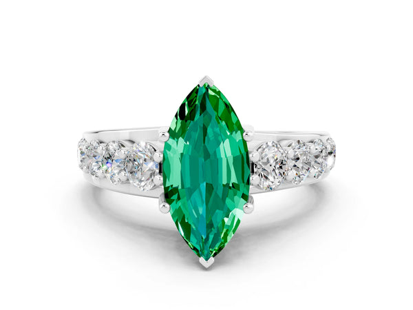 White gold Marquise Cut Emerald Engagement Ring with Pavé Band and Four-Prong Setting