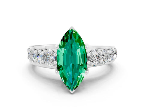 White gold Marquise Cut Emerald Engagement Ring with Pavé Band and Four-Prong Setting