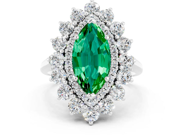 White gold Marquise Cut Emerald Floral Double Halo Engagement Ring with Prong Setting