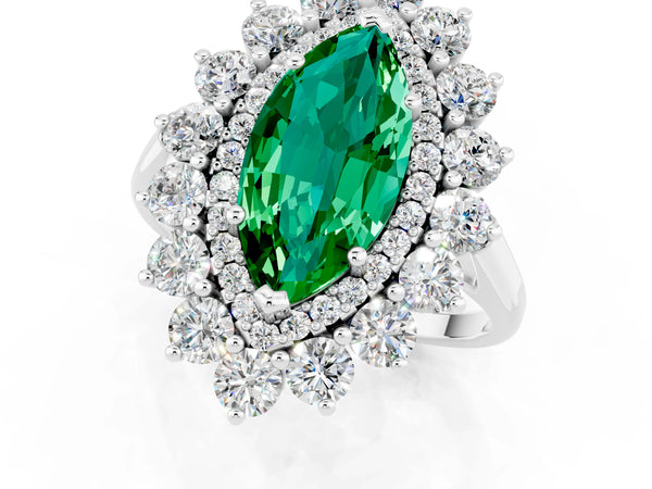 White gold Marquise Cut Emerald Floral Double Halo Engagement Ring with Prong Setting