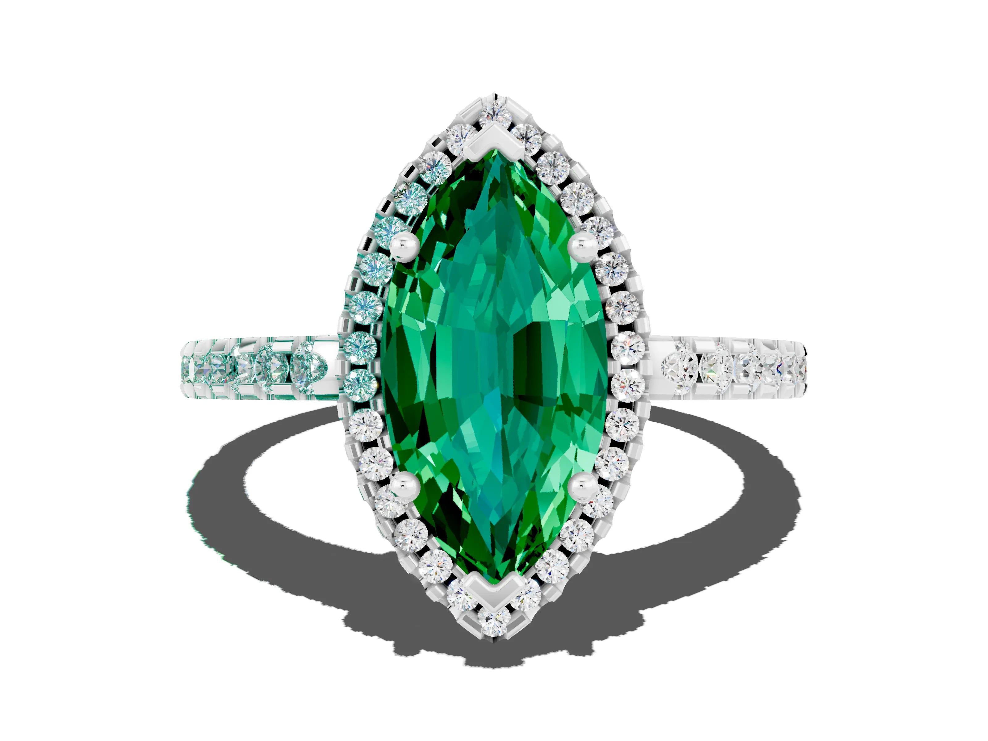 White gold Marquise Cut Emerald Halo Engagement Ring with Pavé Band and Prong Setting_12