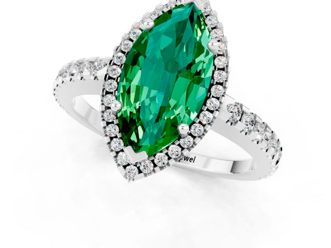 White gold Marquise Cut Emerald Halo Engagement Ring with Pavé Band and Prong Setting_13