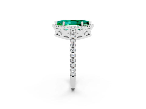 White gold Marquise Cut Emerald Halo Engagement Ring with Pavé Band and Prong Setting_14