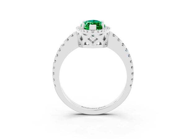 Silver Marquise Cut Emerald Halo Engagement Ring with Pavé Band and Prong Setting