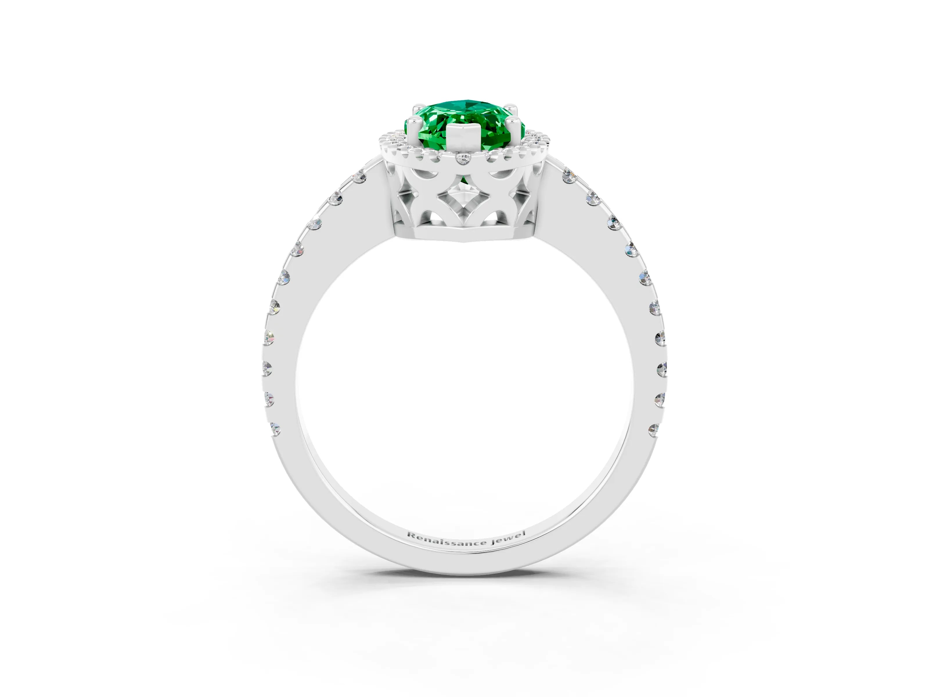White gold Marquise Cut Emerald Halo Engagement Ring with Pavé Band and Prong Setting_15