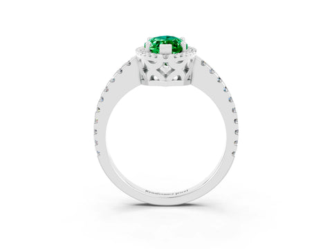 White gold Marquise Cut Emerald Halo Engagement Ring with Pavé Band and Prong Setting_15