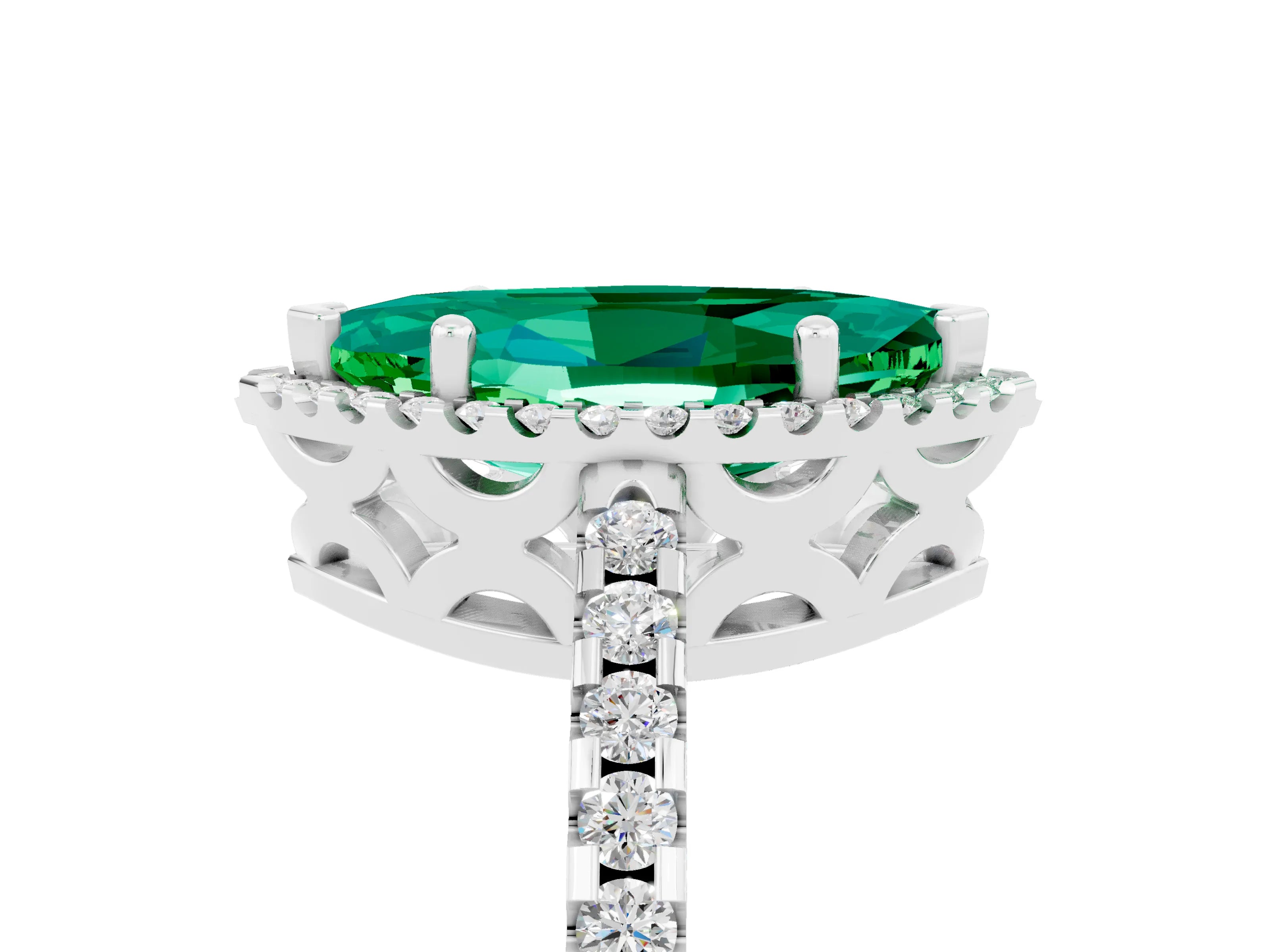 White gold Marquise Cut Emerald Halo Engagement Ring with Pavé Band and Prong Setting_17